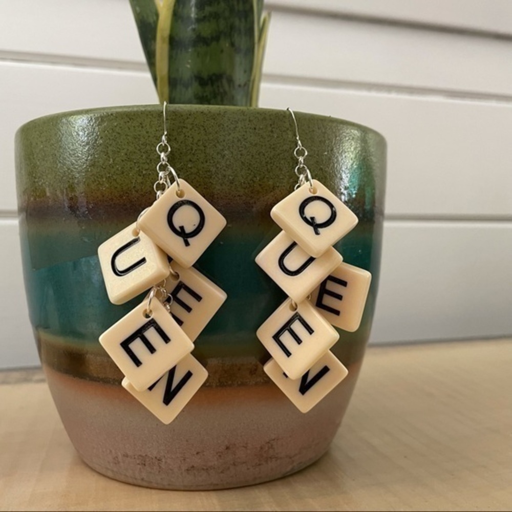 2/$29 Handmade QUEEN Upcycled Letter Tile Earrings 3.5” Acrylic
